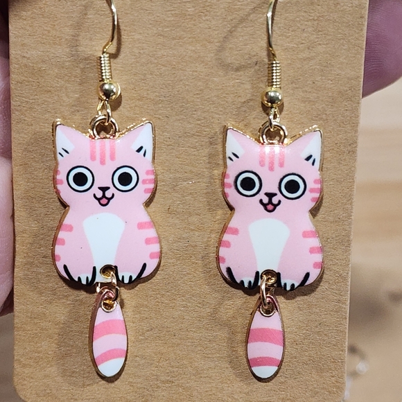 Handmade Mother Of Cats & Pink Tiger Cat With Dangly Tail Set Of 2 Earrings - Picture 3 of 6